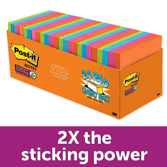 Post-it Super Sticky Notes, Rio de Janeiro Colors, Large Pack, Recyclable, 3 in. x 3 in, 24 Pads/Pack, 70 Sheets/Pad