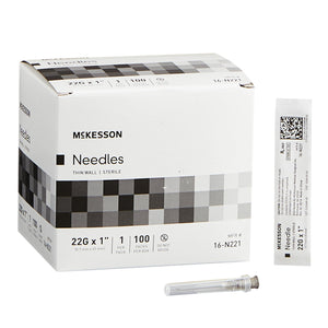 CASE/1000: Hypodermic Needle McKesson 1 Inch Length 22 Gauge Thin Wall Without Safety