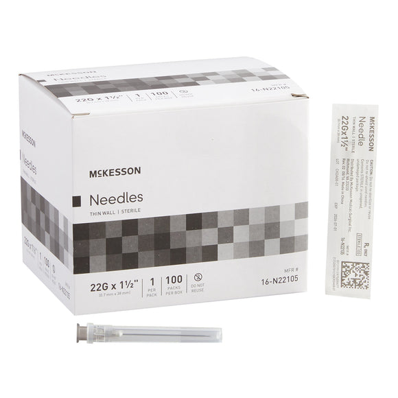 CASE/1000: Hypodermic Needle McKesson 1-1/2 Inch Length 22 Gauge Thin Wall Without Safety