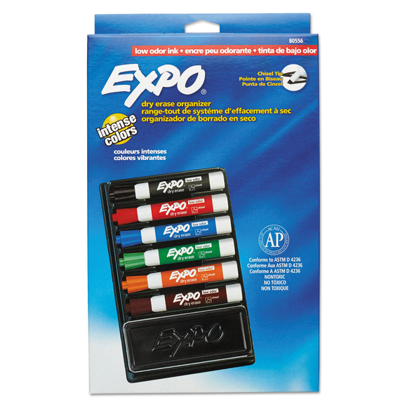 SET/6: EXPO Low-Odor Dry Erase Marker and Organizer Kit, Broad Chisel Tip, Assorted Colors, 6/Set