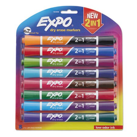 PACK/8: 2-in-1 Dry Erase Markers, Fine/Broad Chisel Tips, Assorted Colors