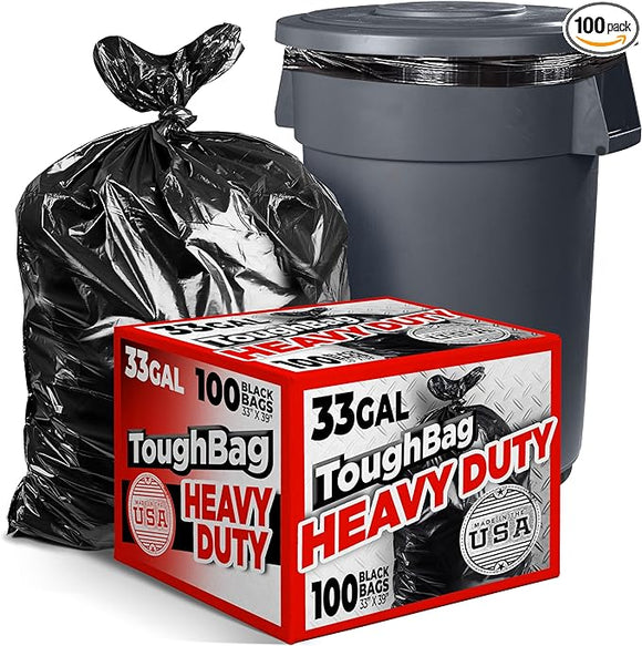 33 Gallon Trash Bags, 33 x 39” Black Garbage Bags (100 COUNT) – 30-33 Gallon