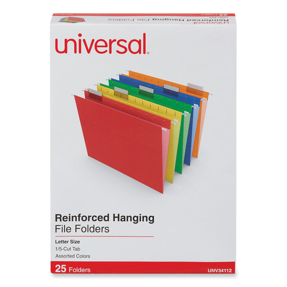 BOX/25: Deluxe Reinforced Recycled Hanging File Folders, Letter Size, 1/5-Cut Tabs, Assorted