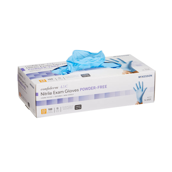CASE/1000: Exam Glove McKesson Confiderm® 4.5C X-Small NonSterile Nitrile Standard Cuff Length Textured Fingertips Blue Chemo Tested