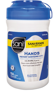 Hands Instant Sanitizing Wipes, 5 x 6, Unscented, White, 150/Canister