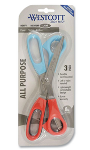All Purpose Value Stainless Steel Scissors Three Pack, 8" Long, 3" Cut Length, Assorted Color Offset Handles, 3/Pack