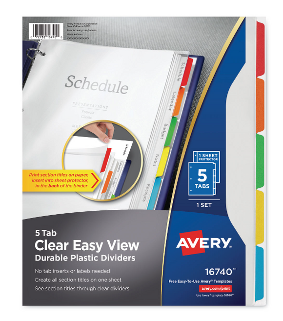 Clear Easy View Plastic Dividers with Multicolored Tabs and Sheet Protector, 5-Tab, 11 x 8.5, Clear, 1 Set