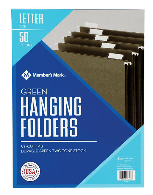 Member's Mark Hanging File Folders, Letter, 1/5-Cut Tabs, Green, 50/Box