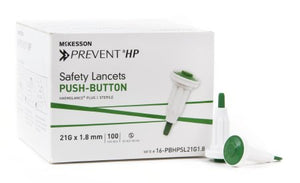 Lancet McKesson Prevent® Fixed Depth Lancet Needle 1.8 mm Depth 21 Gauge Push Button Activated