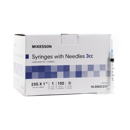 CASE, 1000, Syringe with Hypodermic Needle McKesson 3 mL 23 Gauge 1 Inch Detachable Needle Without Safety
