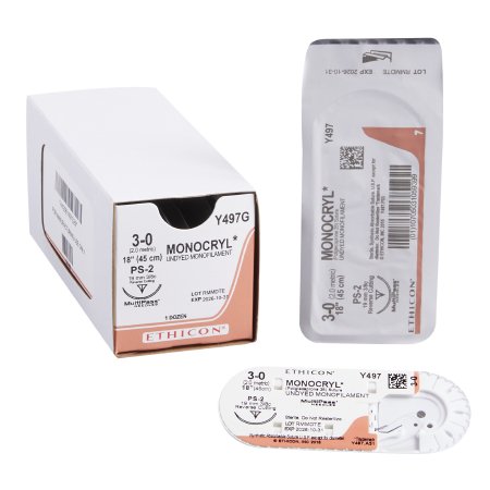 BX/12: Suture with Needle Monocryl™ Absorbable Uncoated Undyed Suture Monofilament Poliglecaprone Size 3 - 0 18 Inch Suture 1-Needle 19 mm Length 3/8 Circle Precision Point - Reverse Cutting Needle