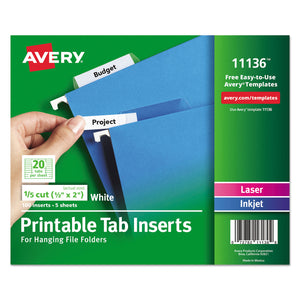 Tabs Inserts For Hanging File Folders, 1/5-Cut Tabs, White, 2" Wide, 100/Pack
