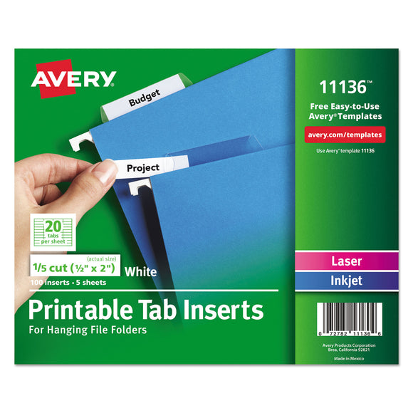 Tabs Inserts For Hanging File Folders, 1/5-Cut Tabs, White, 2