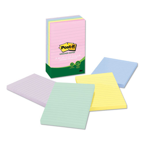 Recycled Note Pads, Lined, 4 x 6, Assorted Helsinki Colors, 100-Sheet, 5/Pack