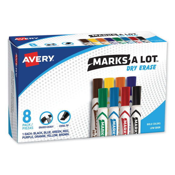 MARKS A LOT Desk-Style Dry Erase Marker, Broad Chisel Tip, Assorted Colors, 8/Set