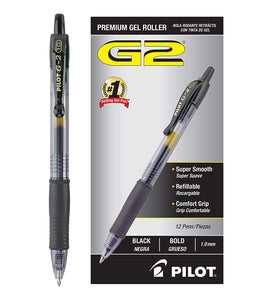 PILOT G2 Premium Refillable & Retractable Rolling Ball Gel Pens, Bold Point, Black Ink, 12 Count