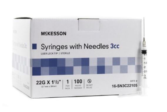 Syringe with Hypodermic Needle McKesson 3 mL 25 Gauge 1 Inch Detachable Needle NonSafety