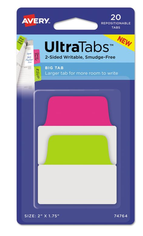 Ultra Tabs Repositionable Big Tabs, 1/5-Cut Tabs, Assorted Neon, 2