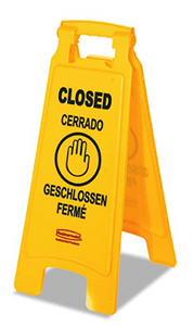 Rubbermaid Commercial 26 Inch Multilingual"Closed" Sign, 2-Sided, Yellow (FG611278YEL)