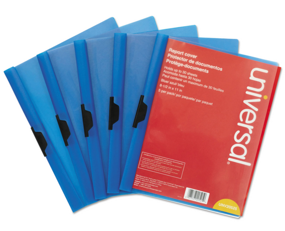 Plastic Report Cover w/Clip, Letter, Holds 30 Pages, Clear/Blue, 5/PK