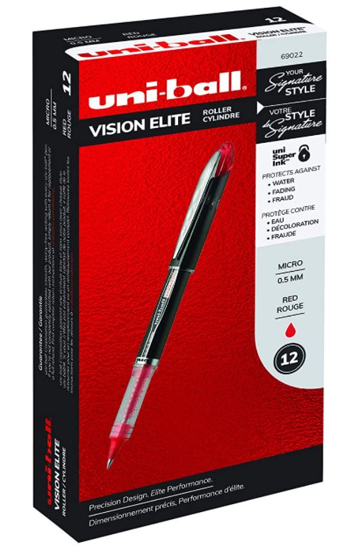 Uni-ball Vision Elite Rollerball Pens, Micro Point (0.5mm), Red, 12 Count