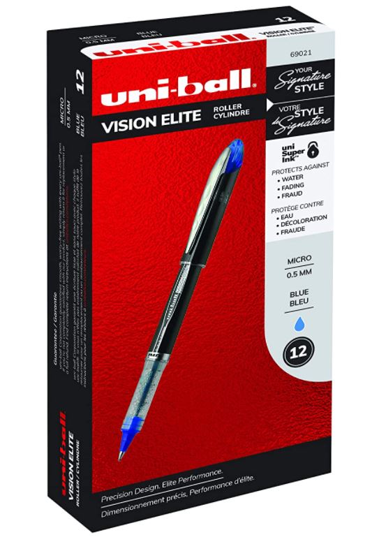 Uni-ball Vision Elite Rollerball Pens Fine Point Micro Tip, 0.5mm, Blue, 12 Pack