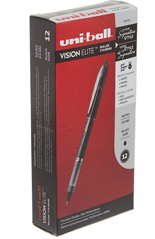 Uni-ball Vision Elite Rollerball Pens Fine Point Micro Tip, 0.5mm, Black, 12 Pack