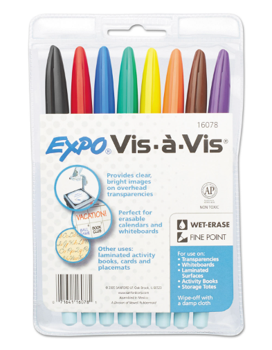 Vis-a-Vis Wet Erase Marker, Fine Bullet Tip, Assorted Colors, 8/Set
