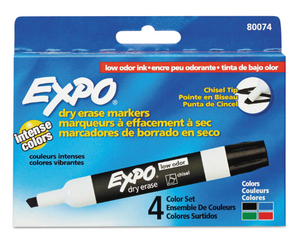 Low-Odor Dry-Erase Marker, Broad Chisel Tip, Assorted Standard Colors, 4/Set