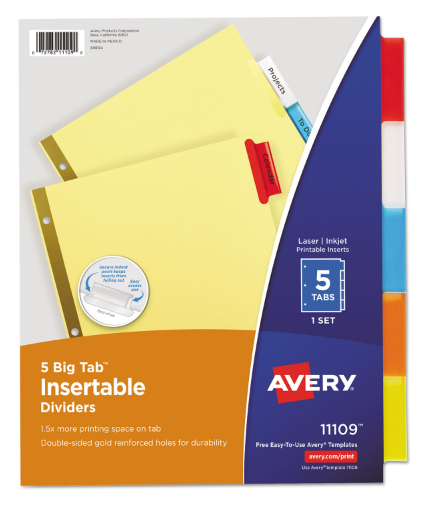 Insertable Big Tab Dividers, 5-Tab, Double-Sided Gold Edge Reinforcing, 11 x 8.5, Buff, Assorted Tabs, 1 Set