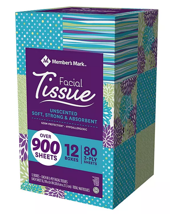 Member's Mark Ultra Soft Facial Tissues, 12 Cube Boxes, 80 3-Ply Tissues per Box (960 Tissues Total)