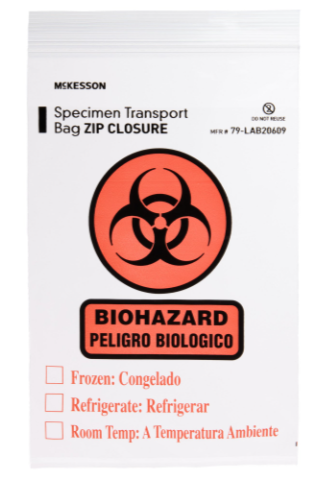 Specimen Transport Bag with Document Pouch McKesson 6 X 9 Inch Zip Closure Biohazard Symbol / Storage Instructions NonSterile-100/PACK