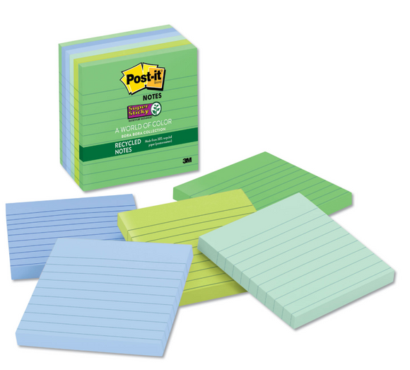 Recycled Notes in Bora Bora Colors, Lined, 4 x 4, 90-Sheet, 6/Pack