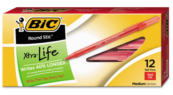 Round Stic Xtra Life Ballpoint Pen, Stick, Medium 1 mm, Red Ink, Translucent Red Barrel, Dozen