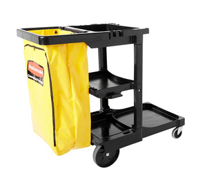 Rubbermaid Commercial Traditional Janitorial 3-Shelf Cart, Wheeled with Zippered Yellow Vinyl Bag, Black