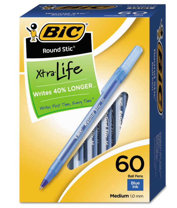 Round Stic Xtra Life Stick Ballpoint Pen VP, 1mm, Blue Ink, Translucent Blue Barrel, 60/Box
