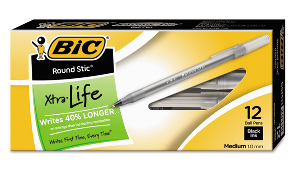Round Stic Xtra Life Stick Ballpoint Pen, 1mm, Black Ink, Smoke Barrel, Dozen