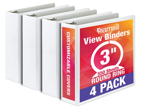 Samsill Economy 3 Ring Binder Organizer, 3 Inch Round Ring Binder, Customizable Clear View Cover, White Bulk Binder 4 Pack