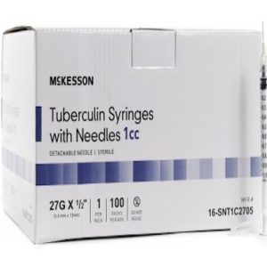 Syringe with Hypodermic Needle 1 mL 27G, ½" Detachable Needle Without Safety